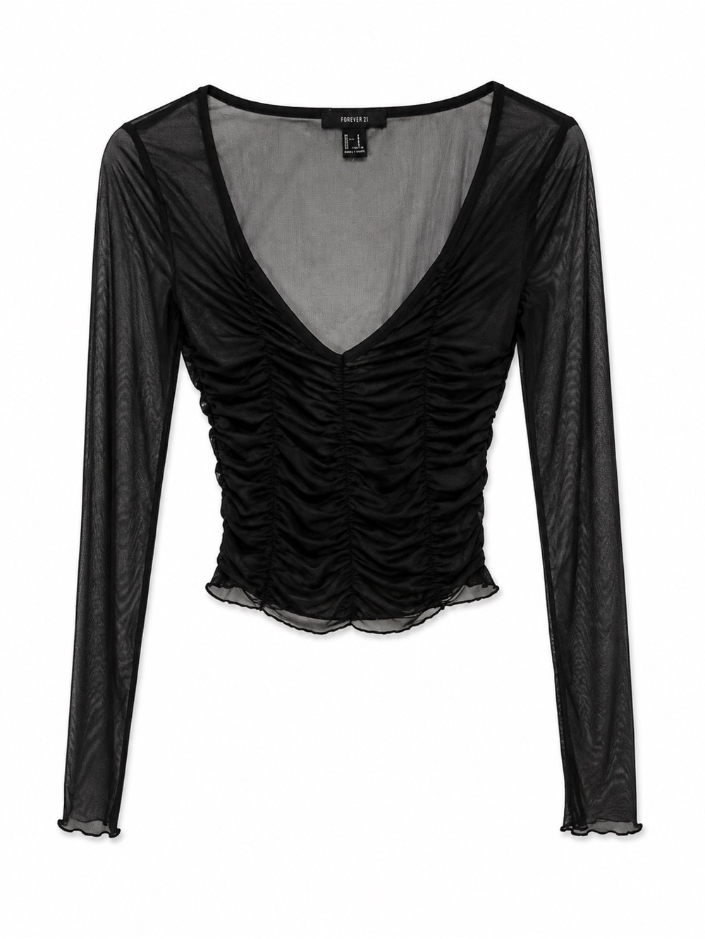 Forever 21 Black Sheer Ruched V-Neck Long Sleeve Top
